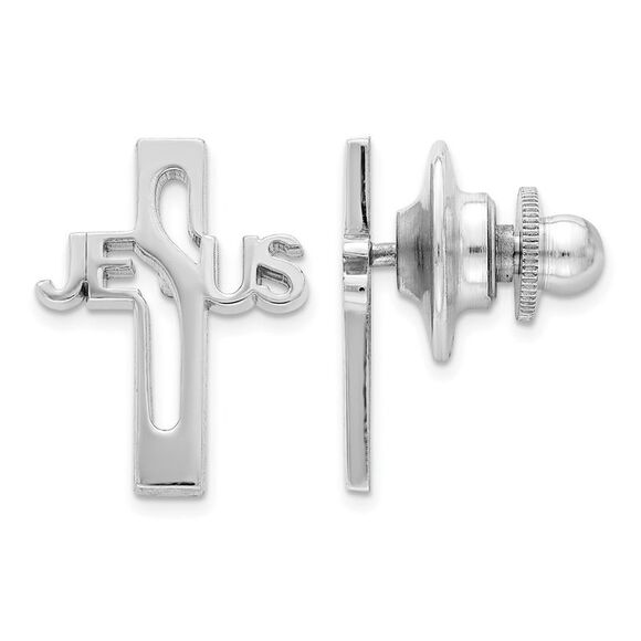 Rhodium Plated Sterling Silver Jesus Cross Lapel or Tie Pin 13 x 16mm